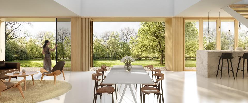 Centor retractable screens across a wide opening from a dining room to a garden