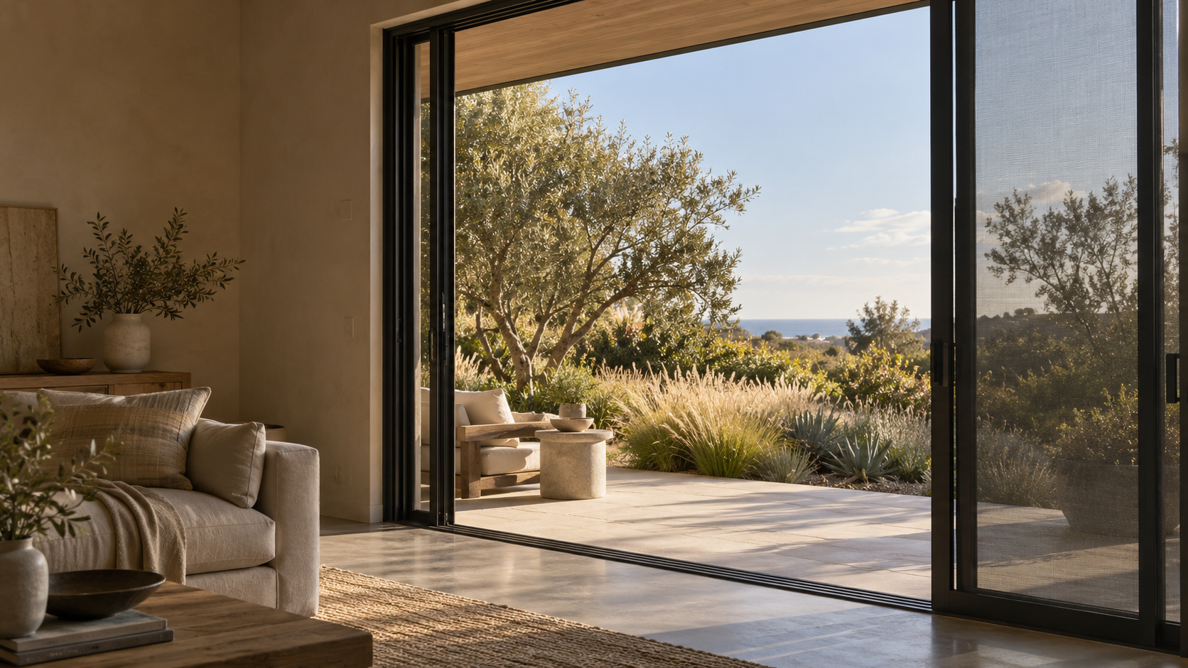 Coastal living room opening onto a garden through screen doors — AI-generated lifestyle concept