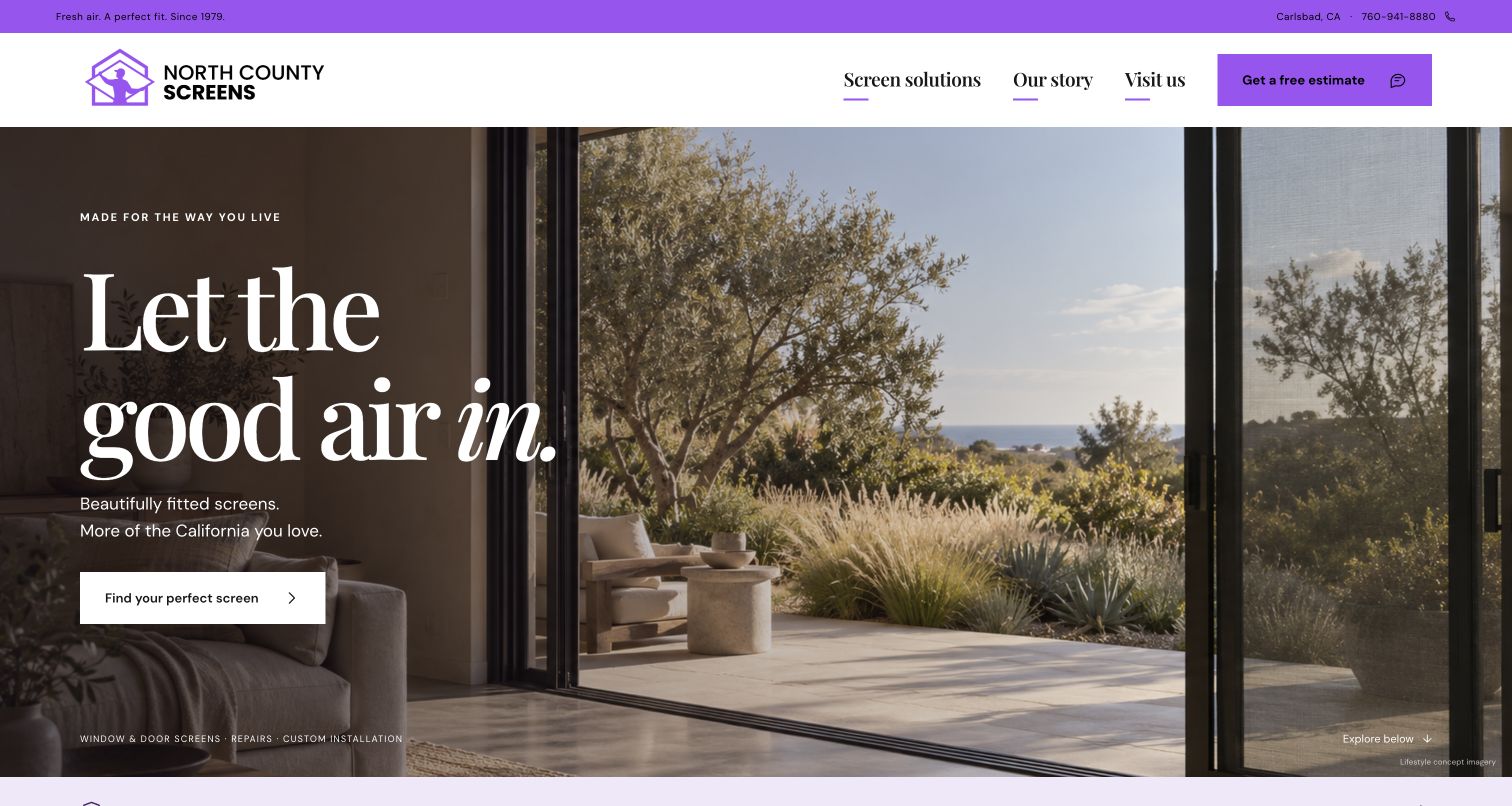Coastal homepage with a warm architectural photograph, brand-purple accents, and elegant serif typography