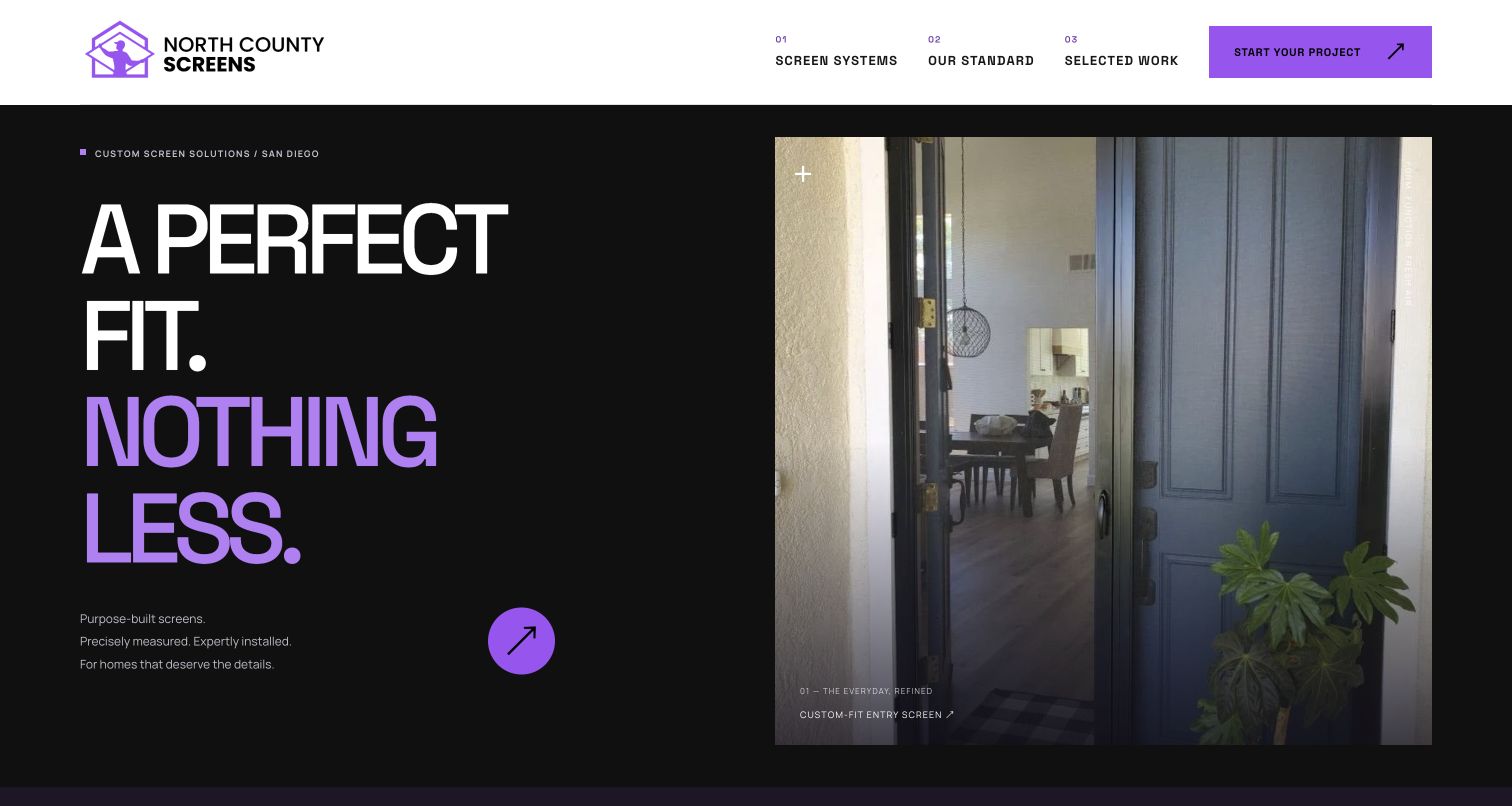 Architectural homepage with bold type, charcoal background, purple accents, and a screen door photo