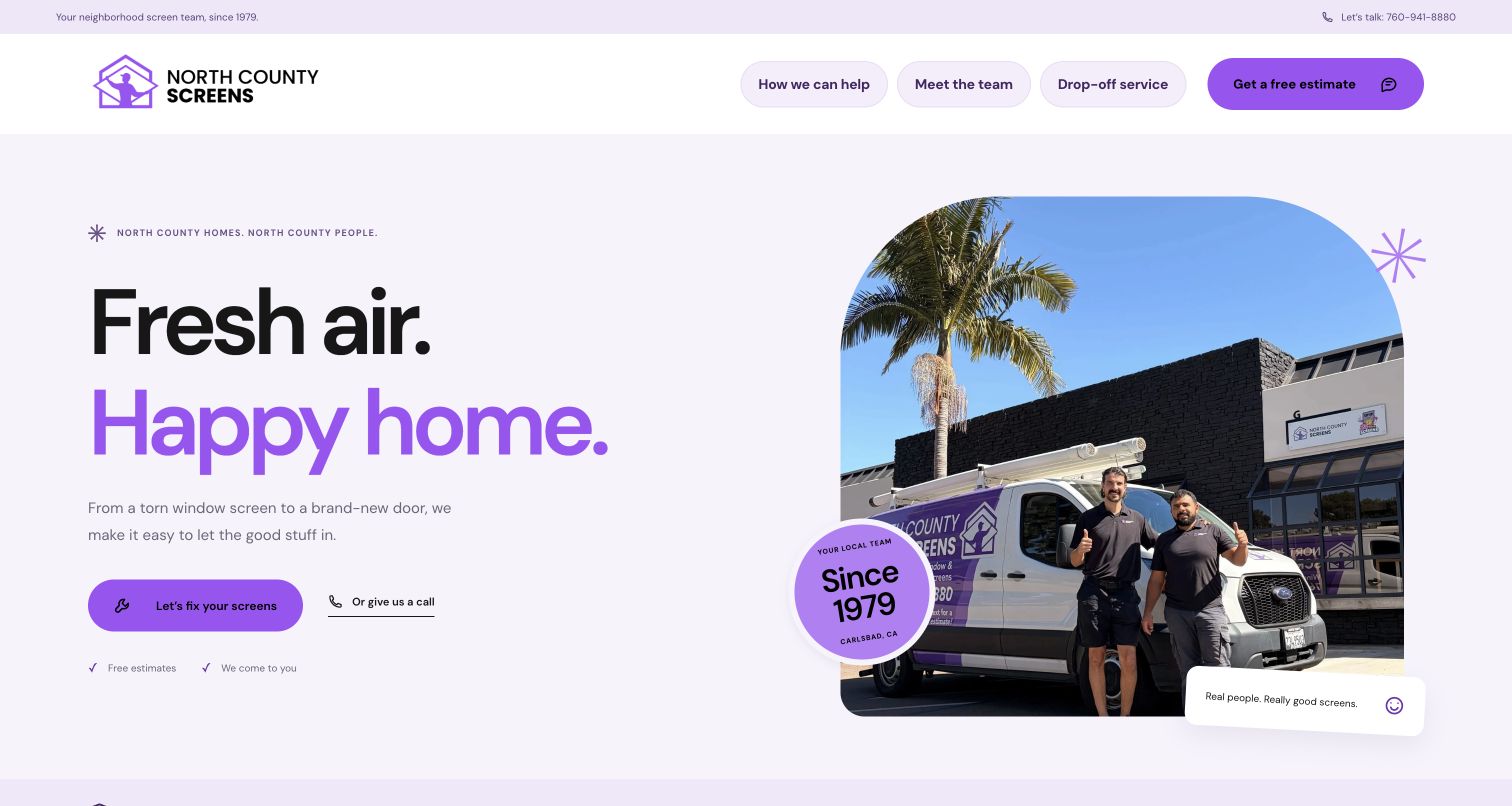 Friendly homepage with the existing purple logo, rounded buttons, and North County Screens team photograph