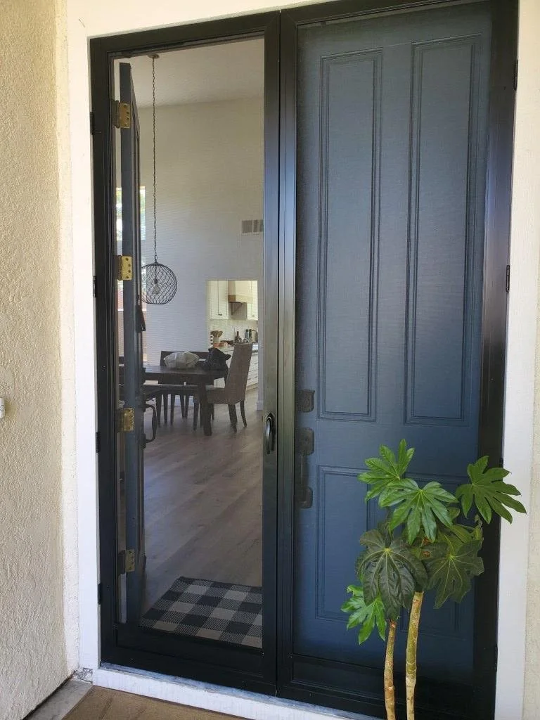 Black screen door at a blue front entrance