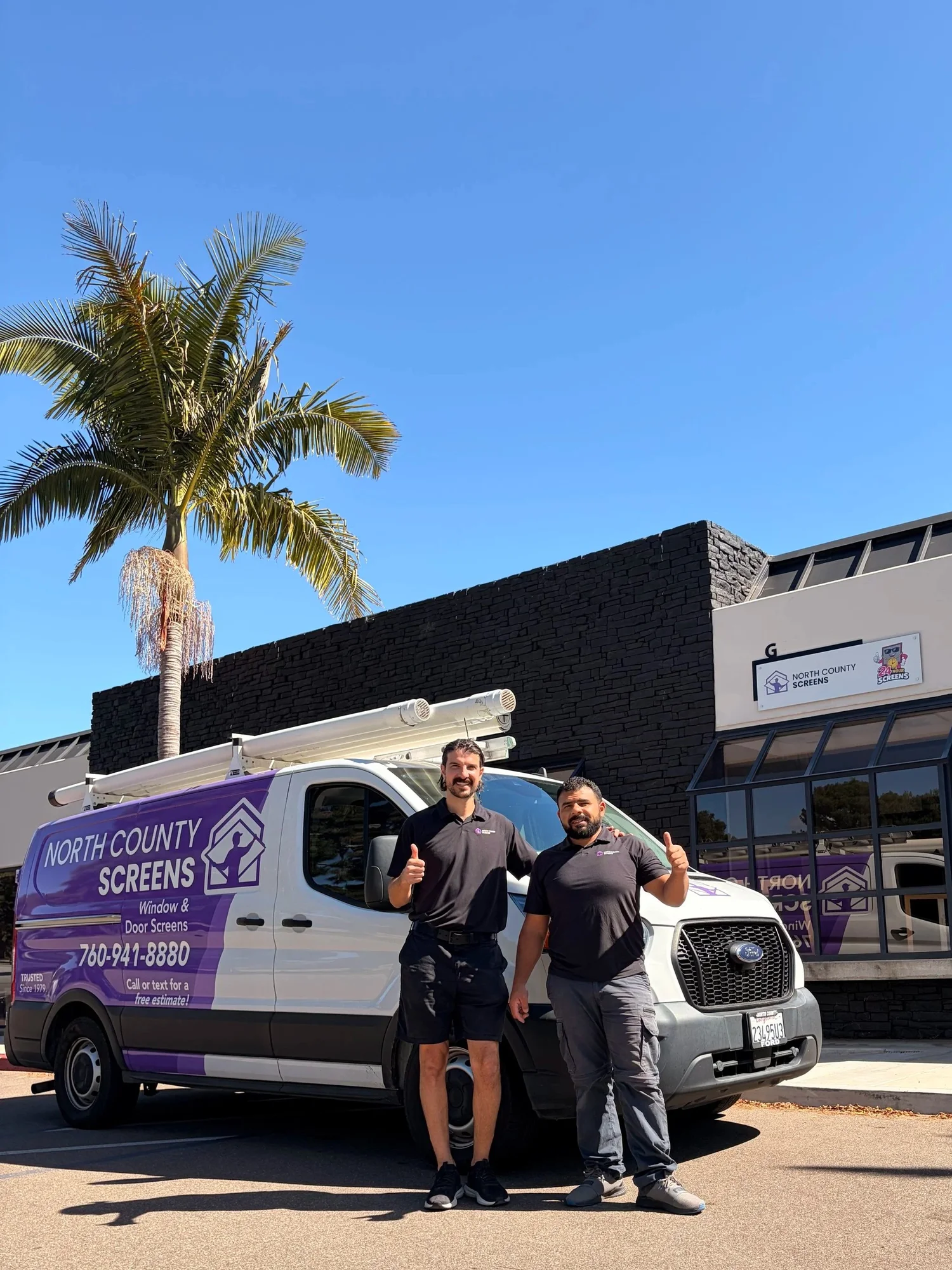 North County Screens team beside their branded service van in Carlsbad